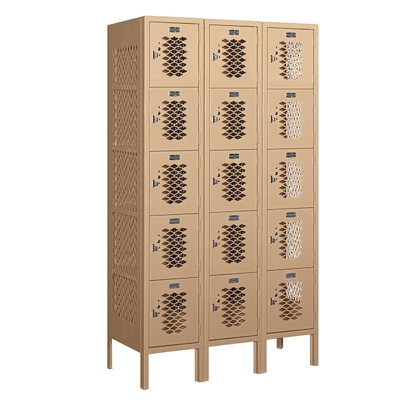 5 Tier Box Vented Locker, 36"Wx66"Hx15"D, 15 Door, Tan, Unassembled